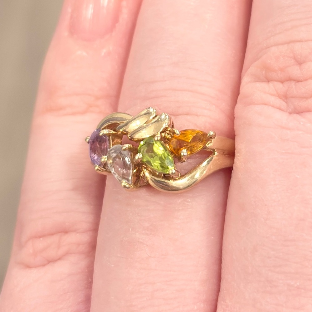 10K Rainbow Gemstone Ring, Swirl Aquamarine Peridot Citrine Amethyst Size 7.25 - Picture 5 of 13